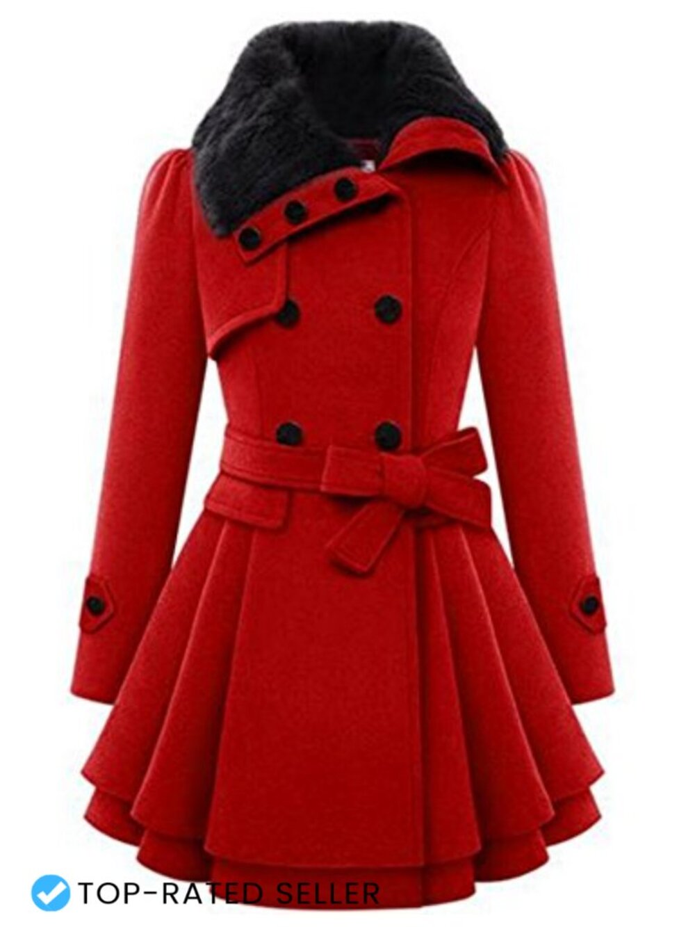 Faux Fur Collar Double Breasted Wool Pea Coat Winter Trench Jacket